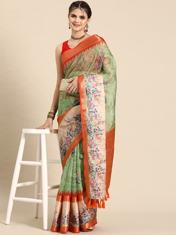 Green Kanjeevaram Silk Digital Print Floral Saree with Unstitched Blouse - Hiral Fashion - Distacart