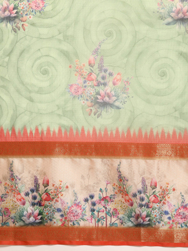 Green Kanjeevaram Silk Digital Print Floral Saree with Unstitched Blouse - Hiral Fashion - Distacart