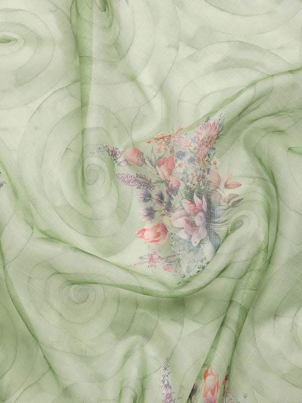 Green Kanjeevaram Silk Digital Print Floral Saree with Unstitched Blouse - Hiral Fashion - Distacart