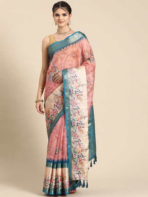 Pink Kanjeevaram Silk Digital Print Floral Saree with Unstitched Blouse - Hiral Fashion - Distacart