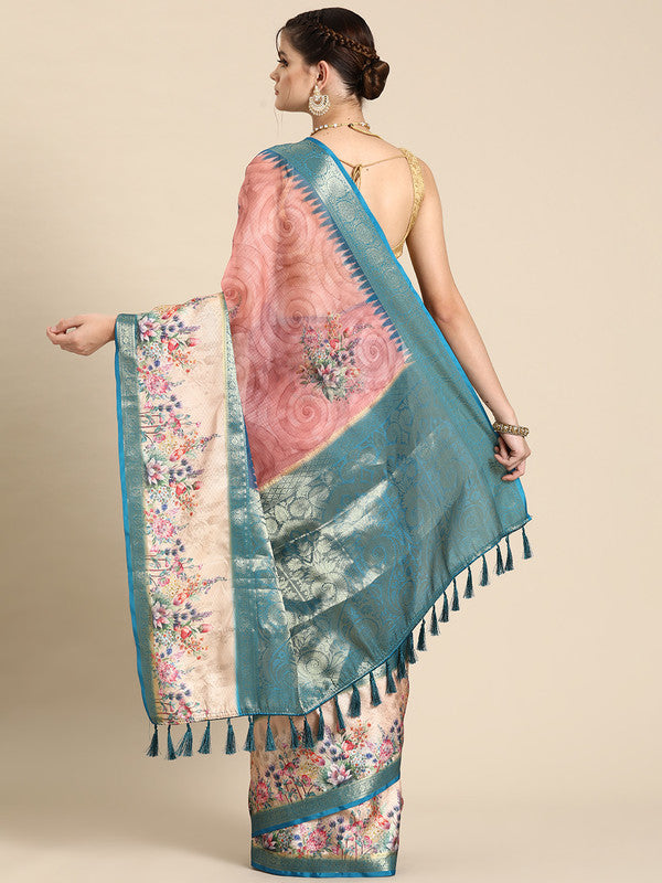 Pink Kanjeevaram Silk Digital Print Floral Saree with Unstitched Blouse - Hiral Fashion - Distacart