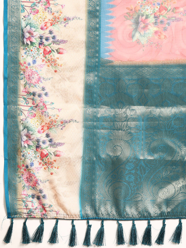 Pink Kanjeevaram Silk Digital Print Floral Saree with Unstitched Blouse - Hiral Fashion - Distacart
