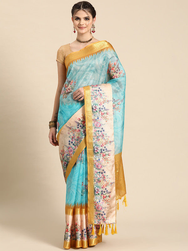 Sky Blue Kanjeevaram Silk Digital Print Floral Saree with Unstitched Blouse - Hiral Fashion - Distacart