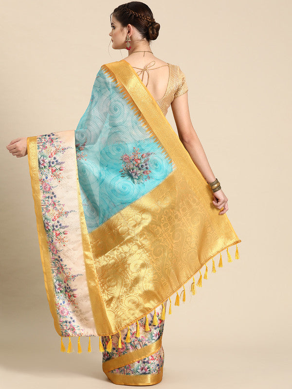 Sky Blue Kanjeevaram Silk Digital Print Floral Saree with Unstitched Blouse - Hiral Fashion - Distacart