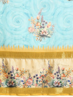 Thumbnail for Sky Blue Kanjeevaram Silk Digital Print Floral Saree with Unstitched Blouse - Hiral Fashion - Distacart