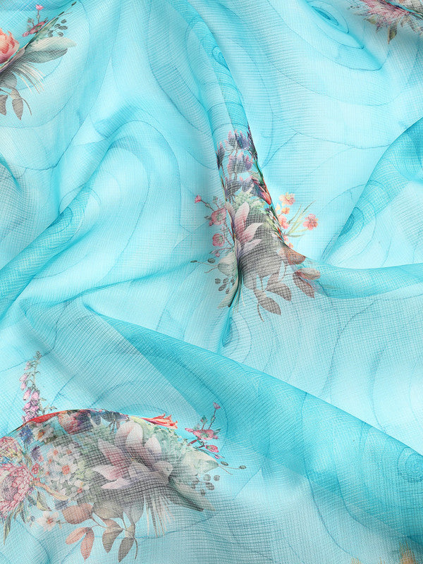 Sky Blue Kanjeevaram Silk Digital Print Floral Saree with Unstitched Blouse - Hiral Fashion - Distacart
