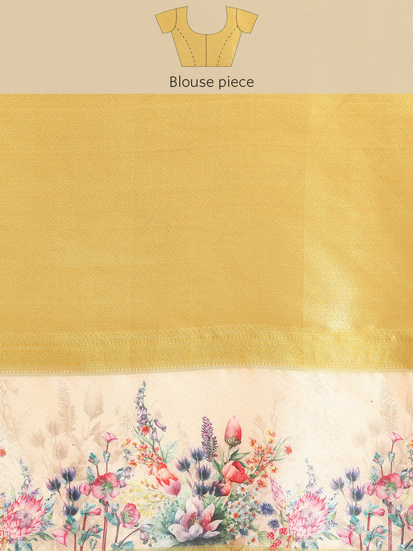 Sky Blue Kanjeevaram Silk Digital Print Floral Saree with Unstitched Blouse - Hiral Fashion - Distacart