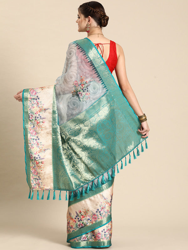 Turquoise Kanjeevaram Silk Digital Print Floral Saree with Unstitched Blouse - Hiral Fashion - Distacart