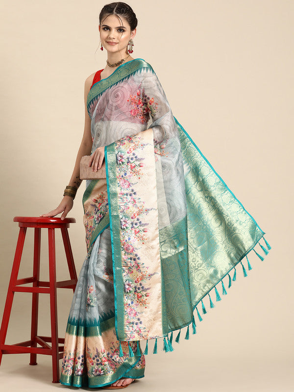 Turquoise Kanjeevaram Silk Digital Print Floral Saree with Unstitched Blouse - Hiral Fashion - Distacart