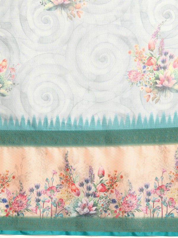 Turquoise Kanjeevaram Silk Digital Print Floral Saree with Unstitched Blouse - Hiral Fashion - Distacart