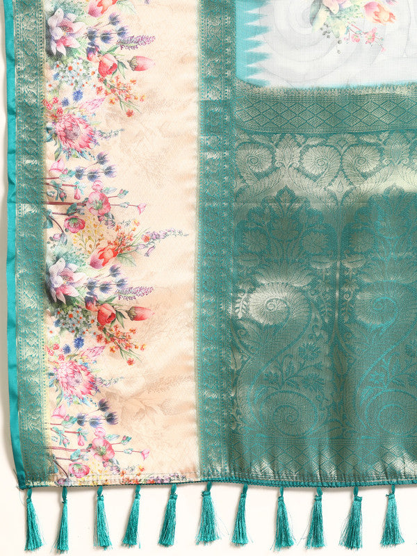 Turquoise Kanjeevaram Silk Digital Print Floral Saree with Unstitched Blouse - Hiral Fashion - Distacart