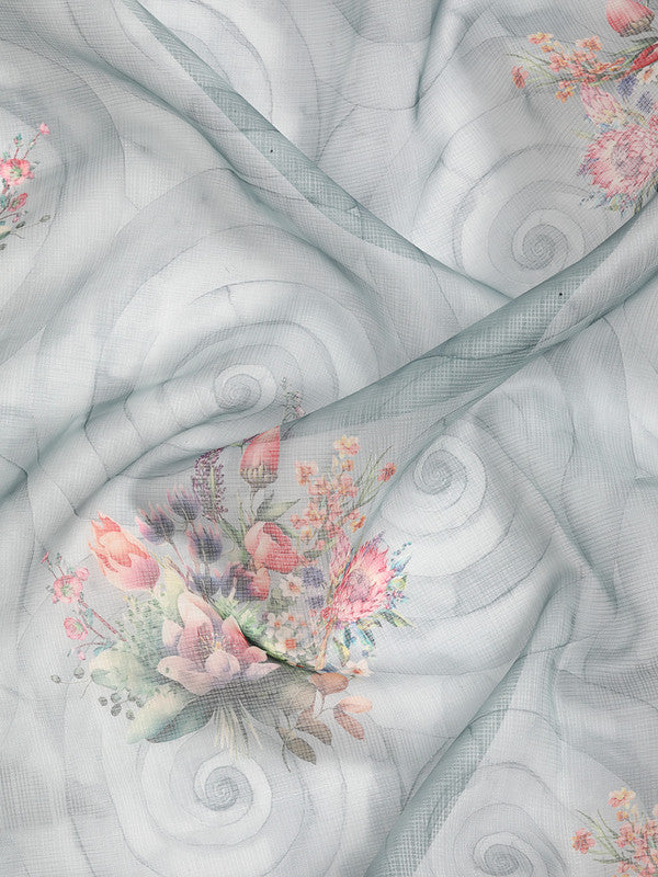 Turquoise Kanjeevaram Silk Digital Print Floral Saree with Unstitched Blouse - Hiral Fashion - Distacart