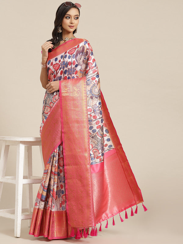 White Art Silk Digital Print Floral Saree with Unstitched Blouse - Hiral Fashion - Distacart
