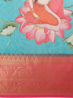 Thumbnail for Turquoise Art Silk Digital Print Floral Saree with Unstitched Blouse - Hiral Fashion - Distacart