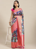 Thumbnail for Navy Blue Art Silk Digital Print Floral Saree with Unstitched Blouse - Hiral Fashion - Distacart