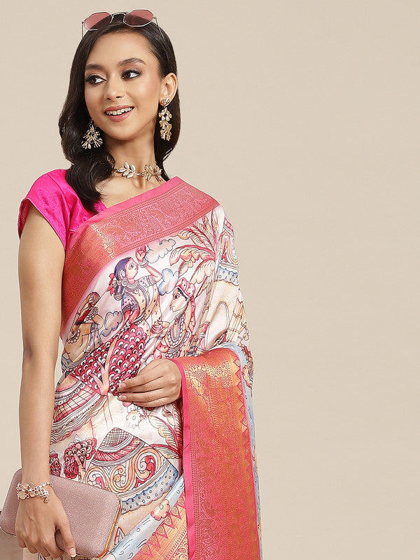 Blue Art Silk Digital Print Floral Saree with Unstitched Blouse - Hiral Fashion - Distacart