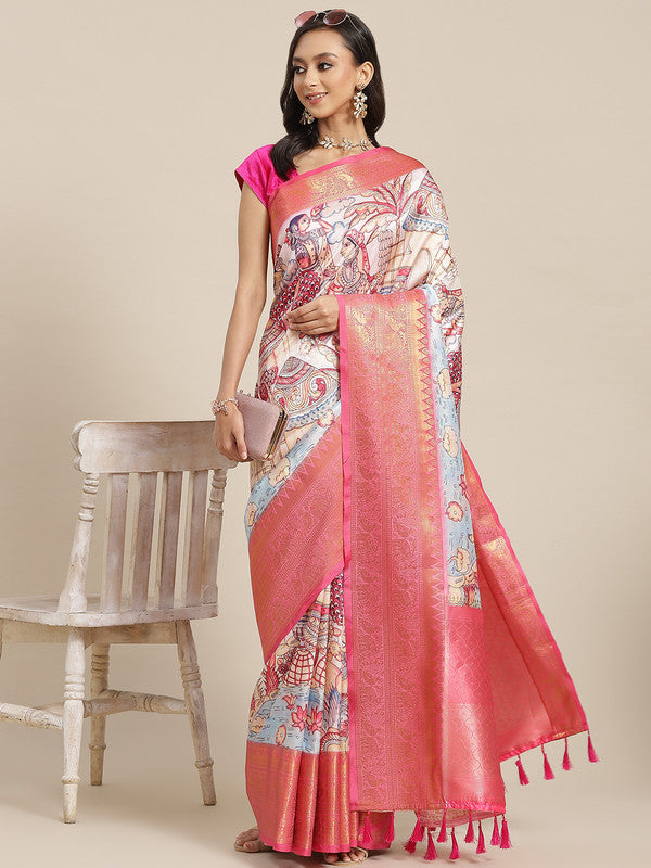 Blue Art Silk Digital Print Floral Saree with Unstitched Blouse - Hiral Fashion - Distacart