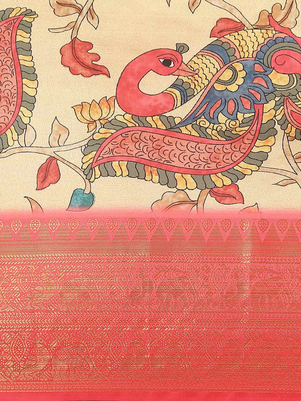 Beige Art Silk Printed Kalamkari Saree with Unstitched Blouse - Hiral Fashion - Distacart