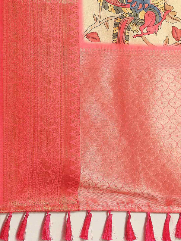 Beige Art Silk Printed Kalamkari Saree with Unstitched Blouse - Hiral Fashion - Distacart