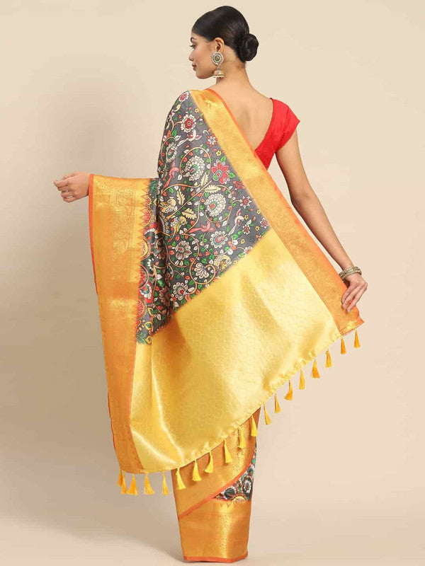 Black Art Silk Printed Kalamkari Saree with Unstitched Blouse - Hiral Fashion - Distacart
