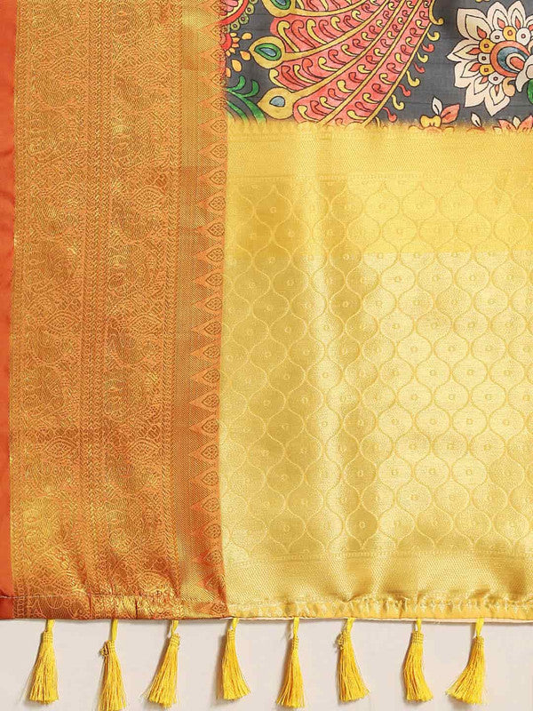 Black Art Silk Printed Kalamkari Saree with Unstitched Blouse - Hiral Fashion - Distacart