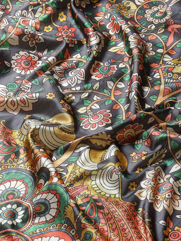 Black Art Silk Printed Kalamkari Saree with Unstitched Blouse - Hiral Fashion - Distacart