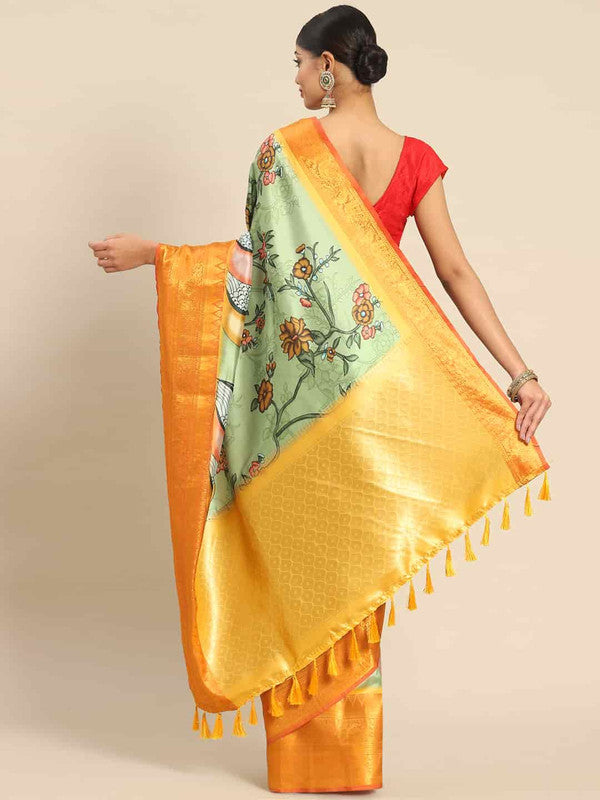 Green Art Silk Printed Kalamkari Saree with Unstitched Blouse - Hiral Fashion - Distacart