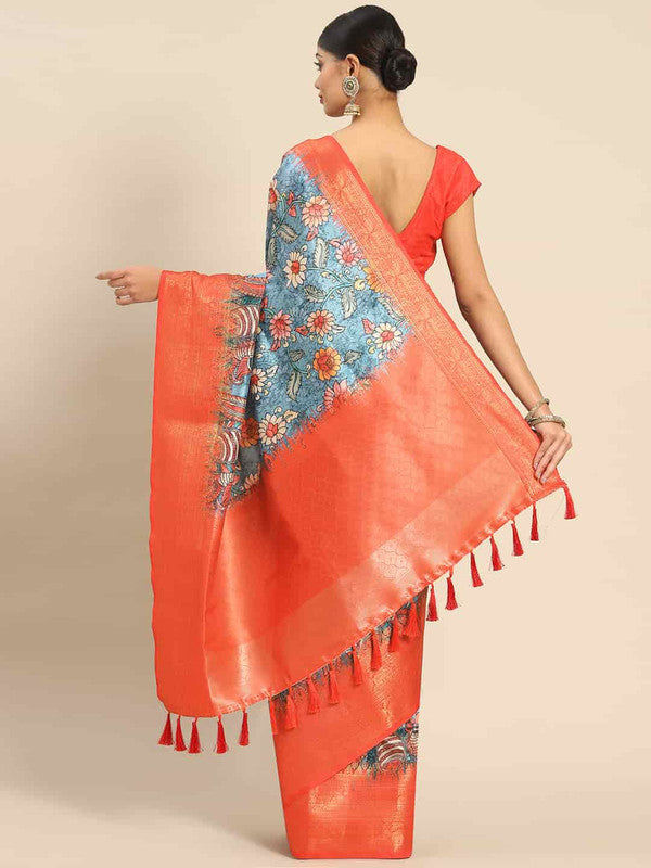 Multicolor Art Silk Printed Kalamkari Saree with Unstitched Blouse - Hiral Fashion - Distacart