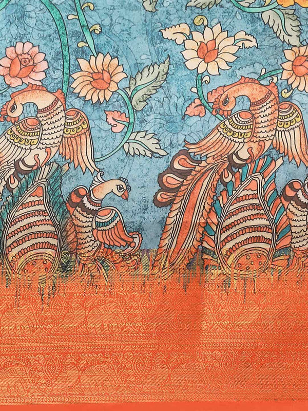 Multicolor Art Silk Printed Kalamkari Saree with Unstitched Blouse - Hiral Fashion - Distacart