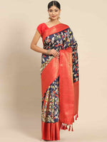 Thumbnail for Navy Blue Art Silk Printed Kalamkari Saree with Unstitched Blouse - Hiral Fashion - Distacart
