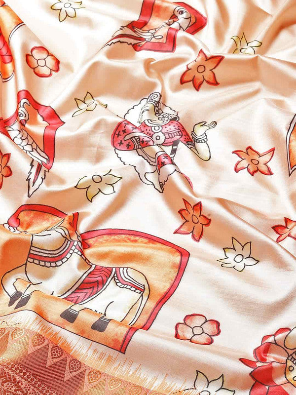 Peach Art Silk Printed Kalamkari Saree with Unstitched Blouse - Hiral Fashion - Distacart