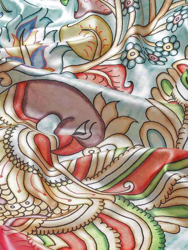 Blue Art Silk Printed Kalamkari Saree with Unstitched Blouse - Hiral Fashion - Distacart