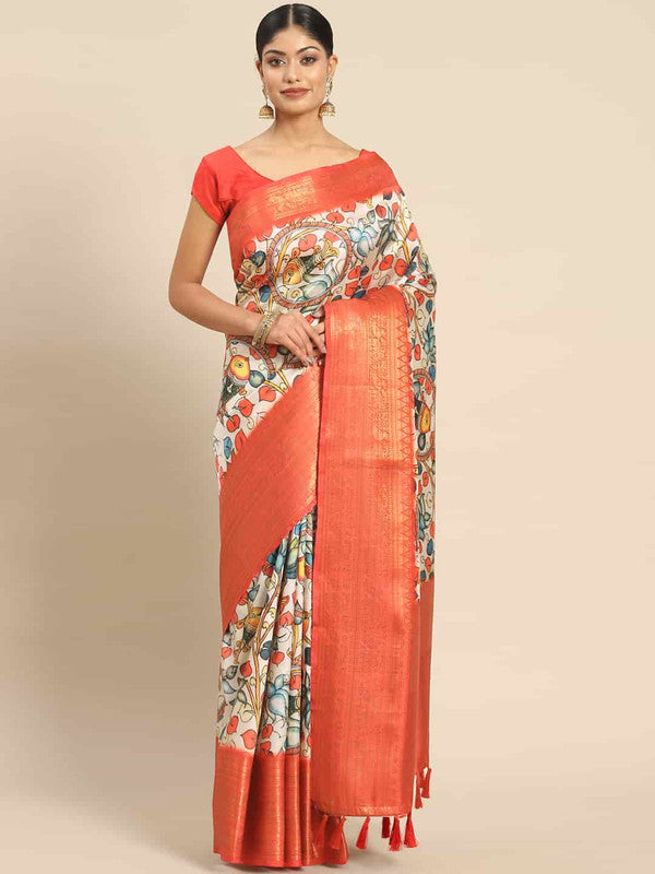 White Art Silk Printed Kalamkari Saree with Unstitched Blouse - Hiral Fashion - Distacart