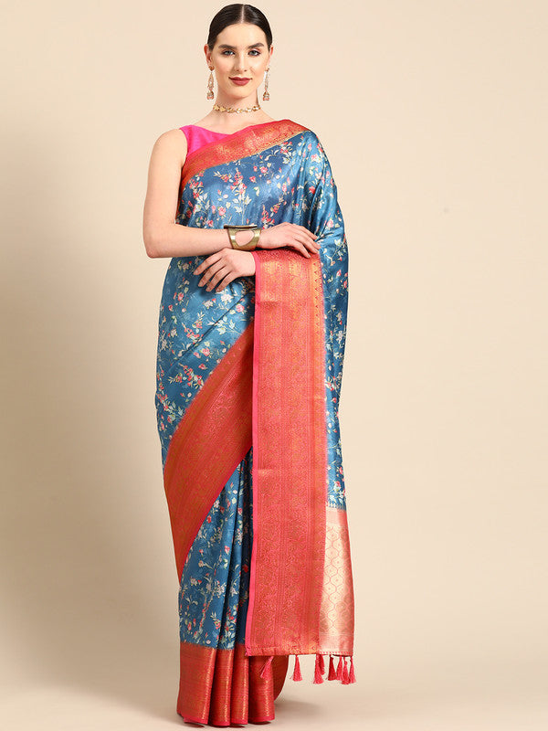 Turquoise Pure Silk Digital Print Floral Saree with Unstitched Blouse - Hiral Fashion - Distacart