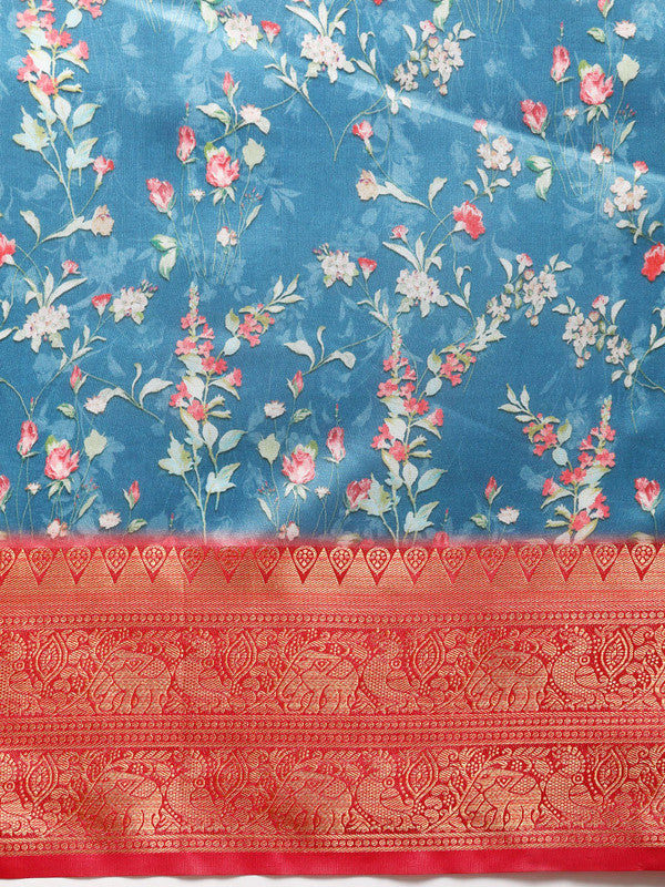 Turquoise Pure Silk Digital Print Floral Saree with Unstitched Blouse - Hiral Fashion - Distacart