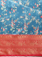 Thumbnail for Turquoise Pure Silk Digital Print Floral Saree with Unstitched Blouse - Hiral Fashion - Distacart