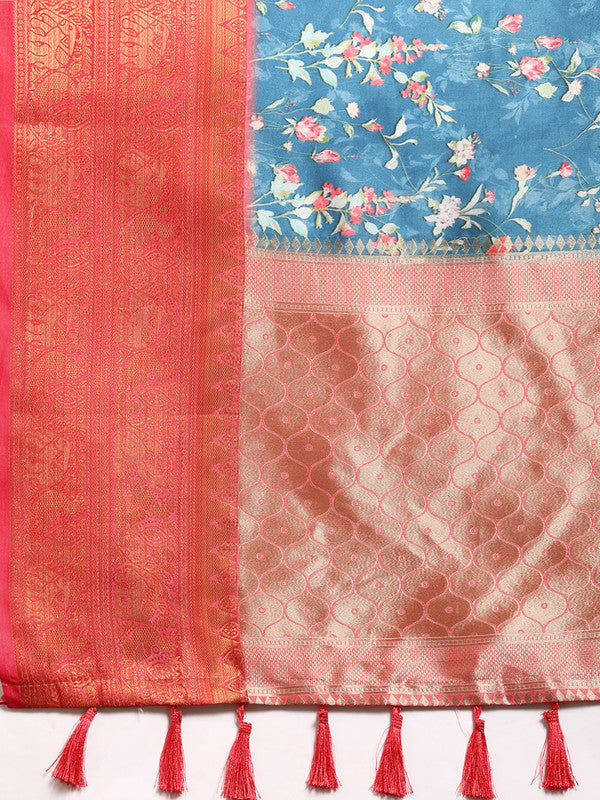 Turquoise Pure Silk Digital Print Floral Saree with Unstitched Blouse - Hiral Fashion - Distacart