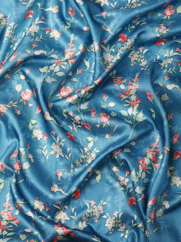 Turquoise Pure Silk Digital Print Floral Saree with Unstitched Blouse - Hiral Fashion - Distacart