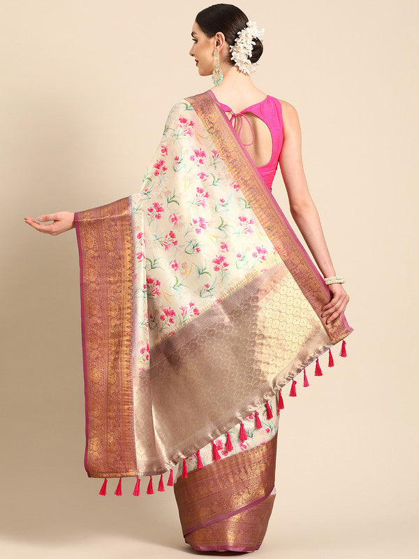 Beige Pure Silk Digital Print Floral Saree with Unstitched Blouse - Hiral Fashion - Distacart