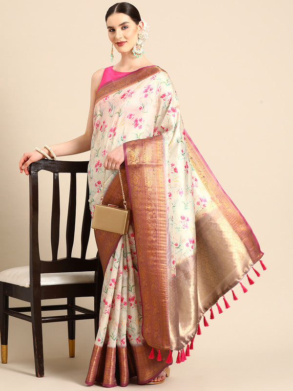 Beige Pure Silk Digital Print Floral Saree with Unstitched Blouse - Hiral Fashion - Distacart