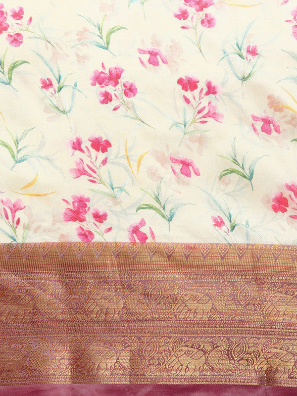 Beige Pure Silk Digital Print Floral Saree with Unstitched Blouse - Hiral Fashion - Distacart