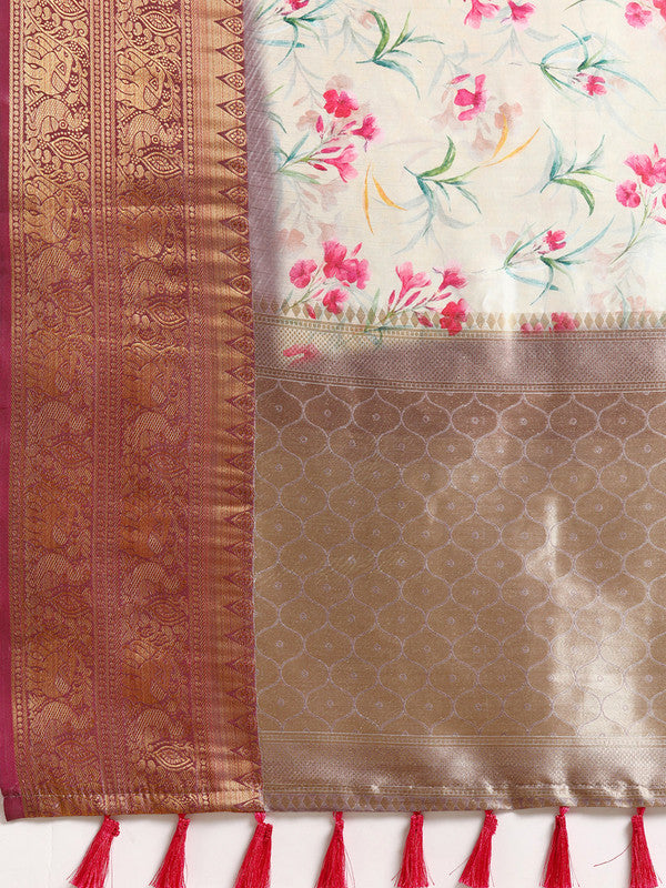 Beige Pure Silk Digital Print Floral Saree with Unstitched Blouse - Hiral Fashion - Distacart