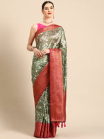 Thumbnail for Olive Pure Silk Digital Print Floral Saree with Unstitched Blouse - Hiral Fashion - Distacart