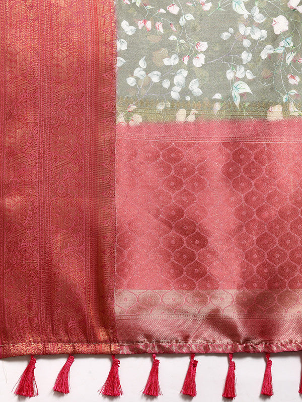Olive Pure Silk Digital Print Floral Saree with Unstitched Blouse - Hiral Fashion - Distacart