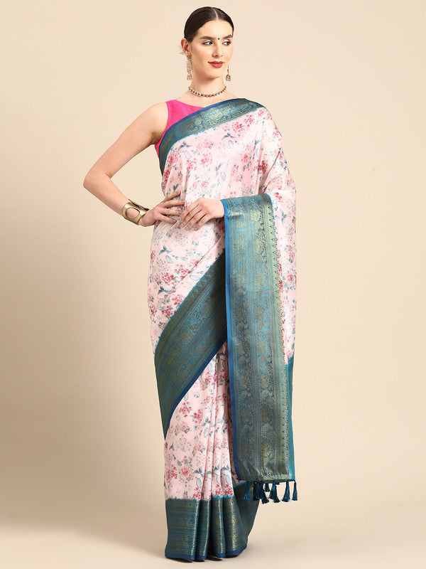 Light Pink Pure Silk Digital Print Floral Saree with Unstitched Blouse - Hiral Fashion - Distacart