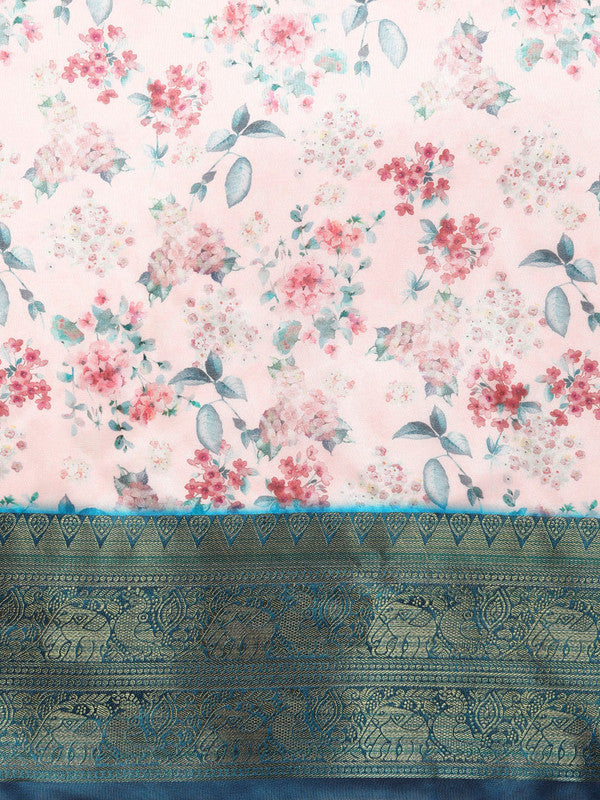 Light Pink Pure Silk Digital Print Floral Saree with Unstitched Blouse - Hiral Fashion - Distacart