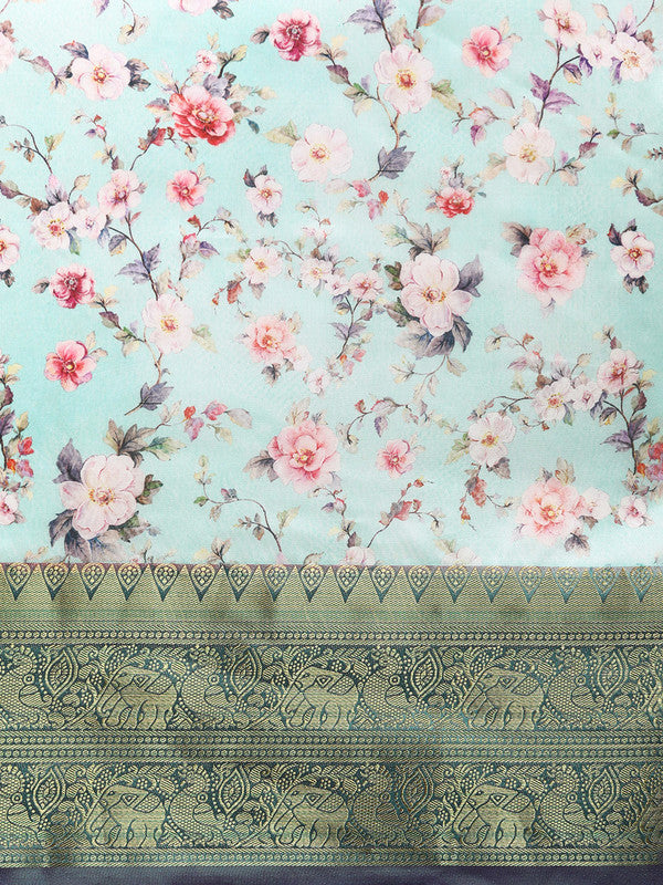 Green Pure Silk Digital Print Floral Saree with Unstitched Blouse - Hiral Fashion - Distacart