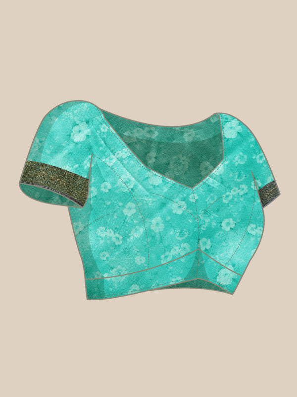 Green Pure Silk Digital Print Floral Saree with Unstitched Blouse - Hiral Fashion - Distacart