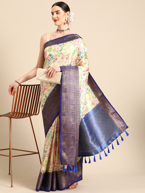 Multicolor Pure Silk Digital Print Floral Saree with Unstitched Blouse - Hiral Fashion - Distacart
