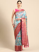 Thumbnail for Turquoise Pure Silk Digital Print Floral Saree with Unstitched Blouse - Hiral Fashion - Distacart